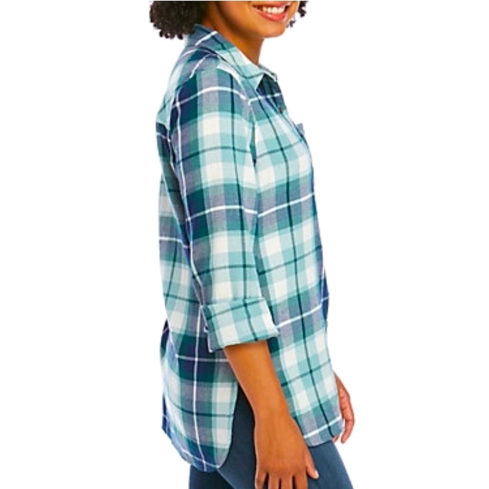🔴CLEARANCE‼️ NWT🌲TURQUOISE GREEN-BLUE COTTON PLAID LONG SLEEVE SHIRT Women’s XS - Picture 4 of 6
